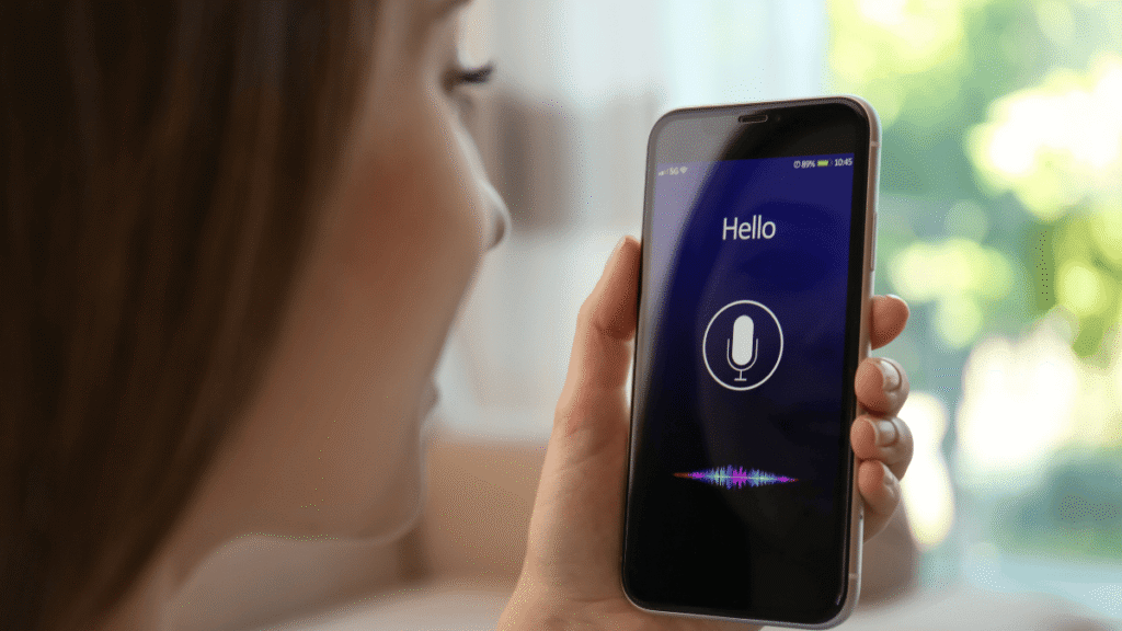 Voice search optimization interface on mobile showing search results with AI overlay